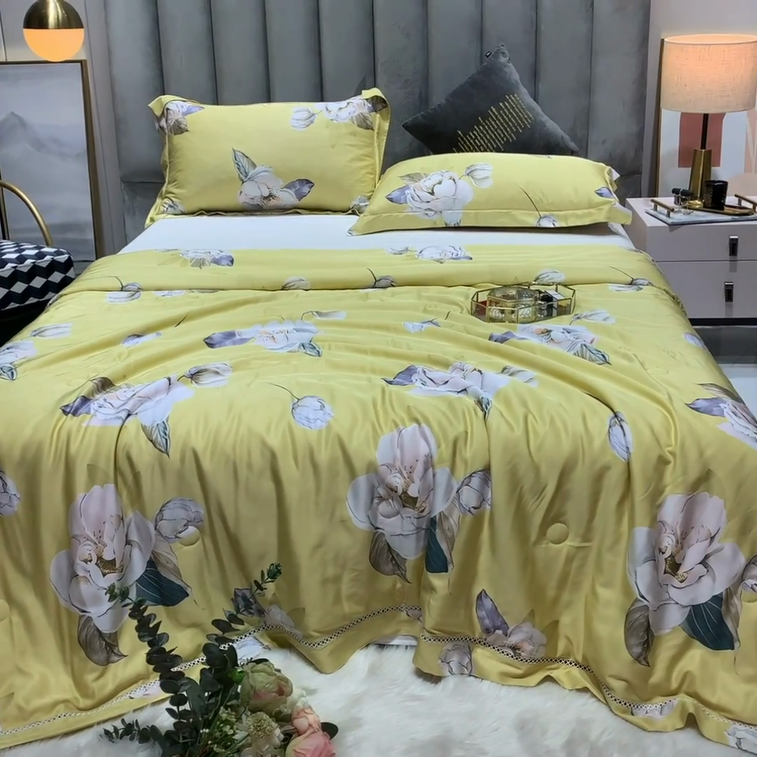 91家纺网 家纺一手货源 找家纺 棉生活家纺 2025新款春夏莫代尔天丝夏被 邂逅花语-黄