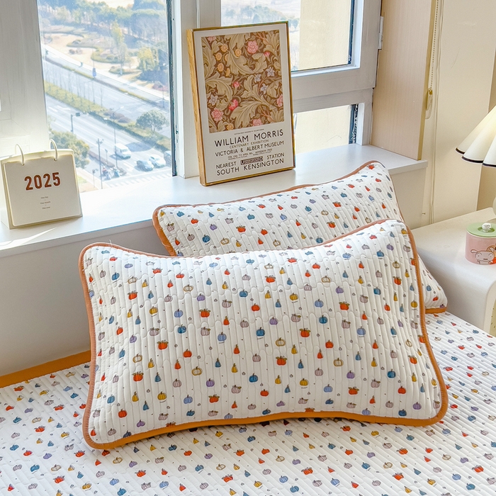 91家纺网 家纺一手货源 找家纺 慕木家纺 2025新款A类高克重四季款针织棉双层纱多功能床盖可铺可盖 缤纷南瓜