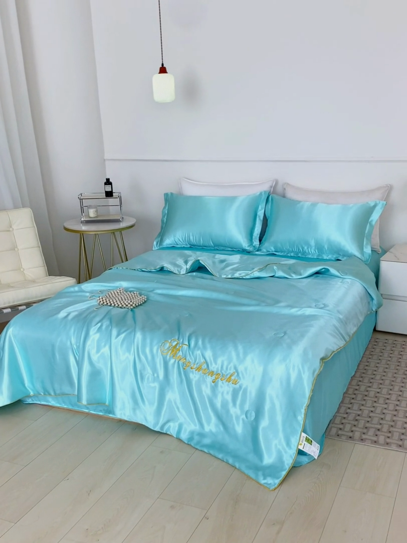 91家纺网 家纺一手货源 找家纺 梦尚舒 2025新款水洗真丝夏被冰丝空调被夏凉被子 水蓝-天丝夏被