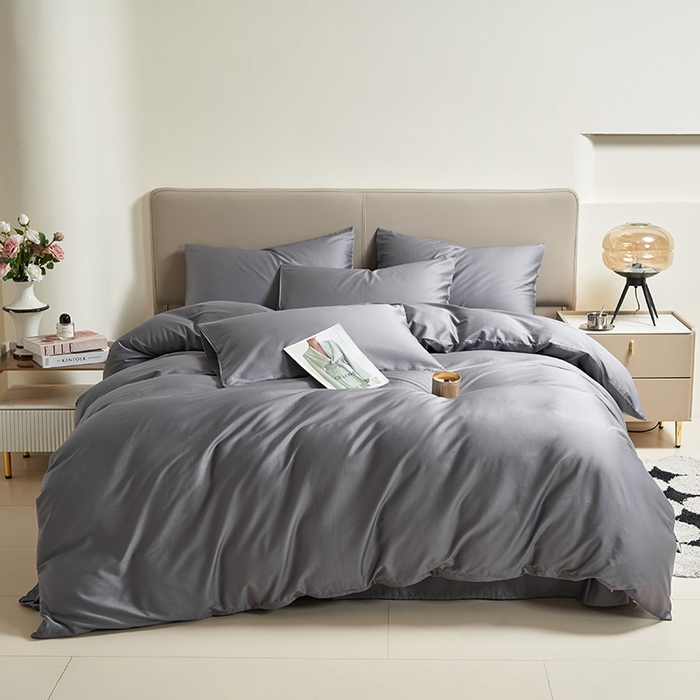 91家纺网 家纺一手货源 找家纺 闲鱼家纺 2025新款亲肤舒适60S黑标A类全棉纯色四件套单被套单床笠-风格一 远山灰
