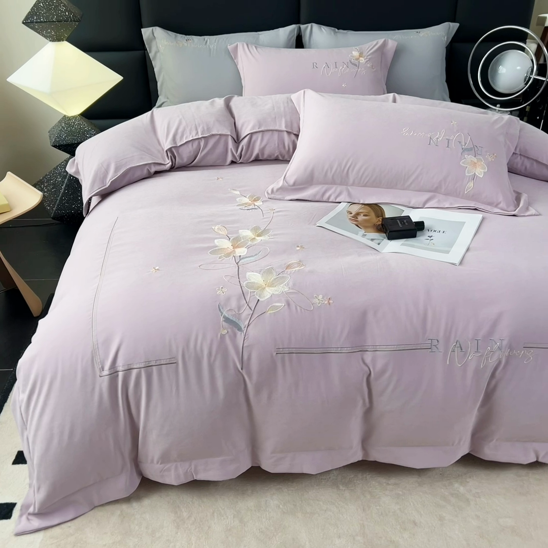 91家纺网 家纺一手货源 找家纺 （总）曲之慕 2025新品四季款高端刺绣四件套简约可水洗轻奢纯色刺绣四件套--流光