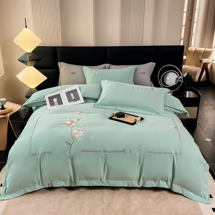 曲之慕 2025新品四季款高端刺绣四件套简约可水洗轻奢纯色刺绣四件套 流光浅绿