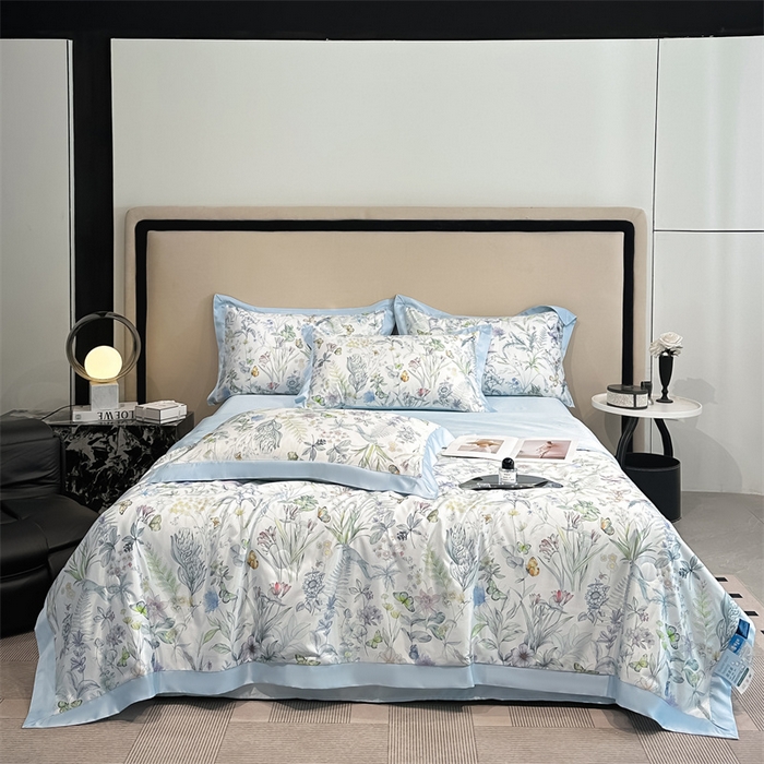 91家纺网 家纺一手货源 找家纺 笙意家纺 2025新款水洗冰丝数码印花拼角宽边夏被 七彩福蝶