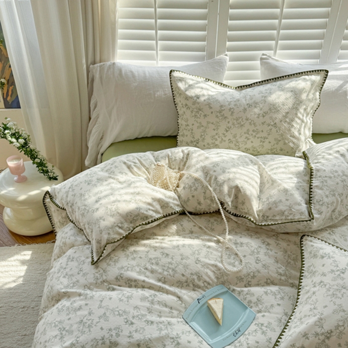 91家纺网 家纺一手货源 找家纺 金丝鸟家纺 2025新款全棉双层纱贝壳边四件套花卉系列 绿意枝头