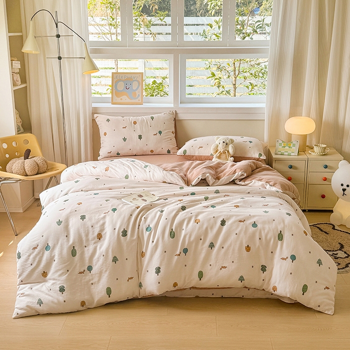 91家纺网 家纺一手货源 找家纺 2025新款40s全棉双层纱圆角吊边款四件套乐童-咖