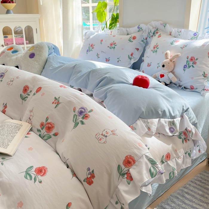 91家纺网 家纺一手货源 找家纺 雨帆家纺2025新款水洗棉印花四件套 兔兔花园