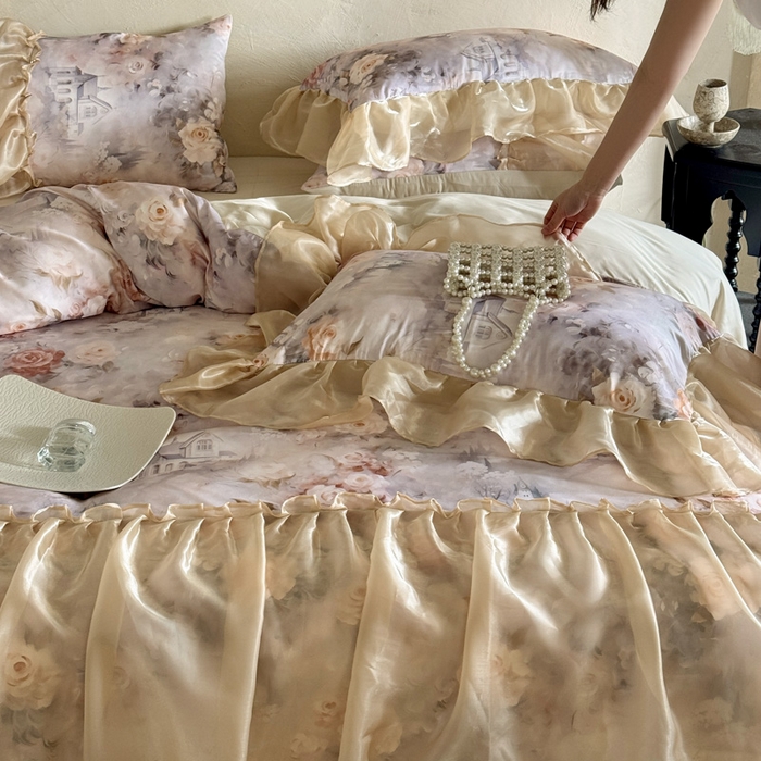 91家纺网 家纺一手货源 找家纺 艾米家居 2025新款法式裙边款天丝棉系列四件套 秘密花园裙边款