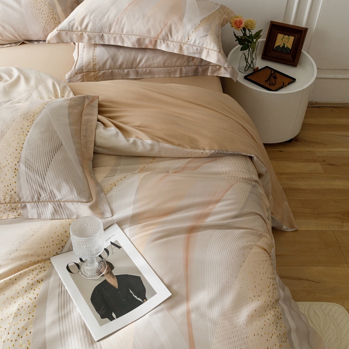 91家纺网 家纺一手货源 找家纺 金奇达2025新款【休闲午后】-轻氧水光莱赛尔四件套（标准号全网控价（折后券后）不低于258） 流金岁月