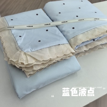 91家纺网 家纺一手货源 找家纺 吾欢心 2025新款韩版花边水洗双层纱四件套 蓝色波点