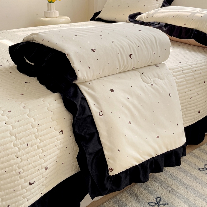 91家纺网 家纺一手货源 找家纺 富米莱（原臻工厂）2025新款A类针织双层纱赫本风床盖四件套 星空物语一咖