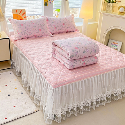 91家纺网 家纺一手货源 找家纺 提花大世界 2025直播爆款全棉活性印花夹棉床盖床裙花边四件套 美琳庄园-粉