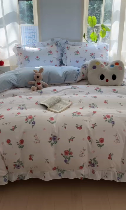 91家纺网 家纺一手货源 找家纺 雨帆家纺2025新款水洗棉印花四件套 兔兔花园