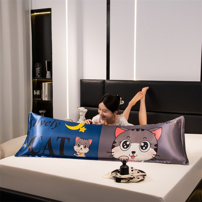 91家纺网 家纺一手货源 找家纺 梦舒羽 2025新款可水洗冰丝双人枕套凉爽情侣枕头套枕芯套 招财小猫