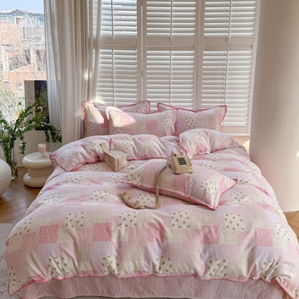 91家纺网 家纺一手货源 找家纺 （总）金丝鸟家纺 2025新款全棉双层纱贝壳边四件套花卉系列