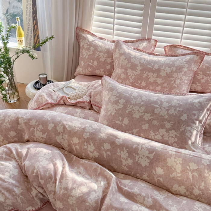 91家纺网 家纺一手货源 找家纺 金丝鸟家纺 2025新款全棉双层纱贝壳边四件套花卉系列 花影