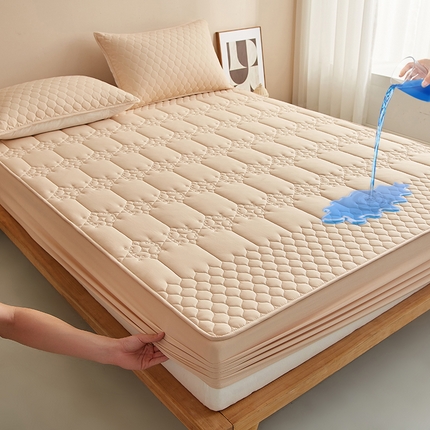 盛眠家纺 2025新款水洗棉床笠-防水繁花系列 跨境外贸可定制尺寸 防水繁花-卡其