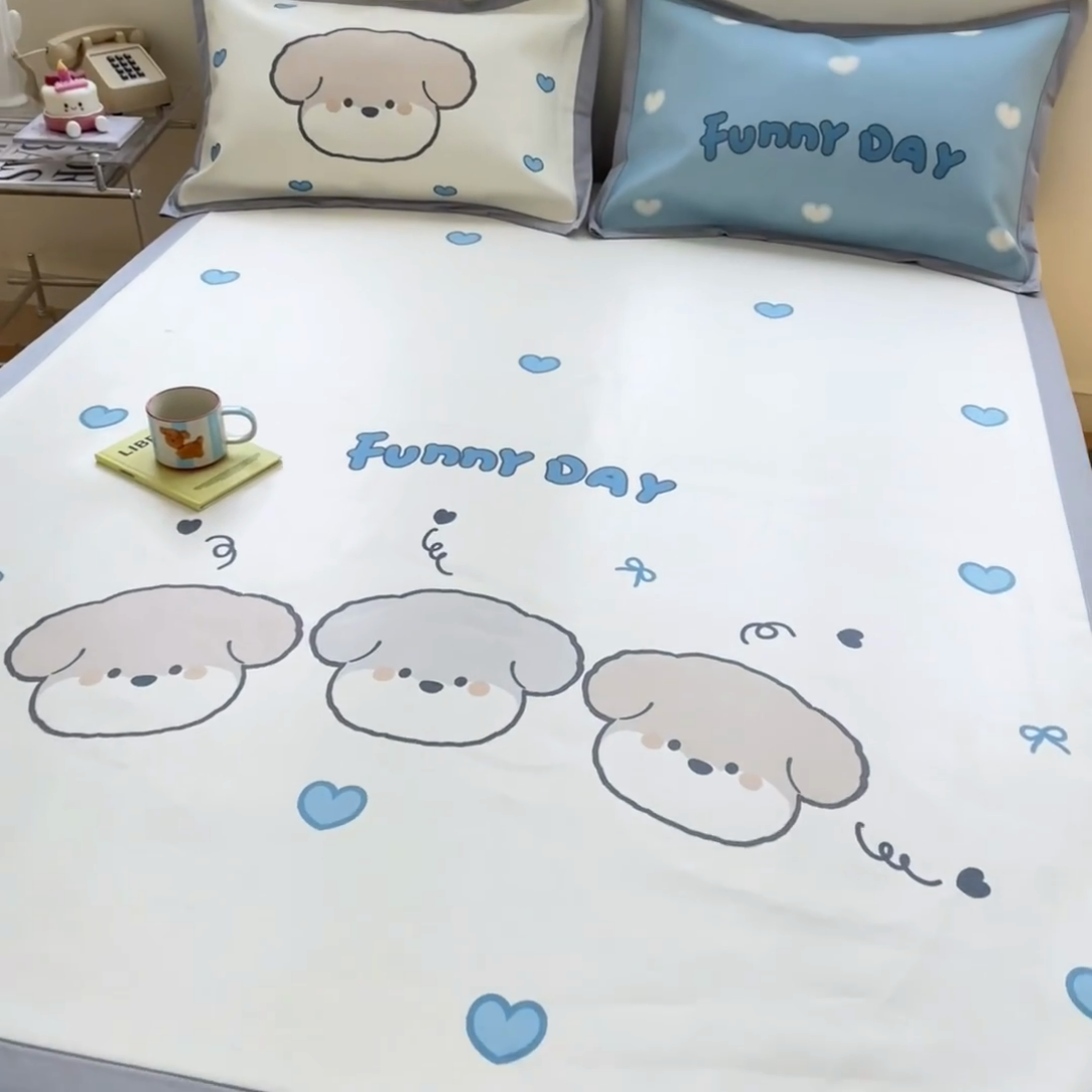 91家纺网 家纺一手货源 找家纺 川悦生活 2025新款大版凉感冰丝席三件套 叮咚小狗仔