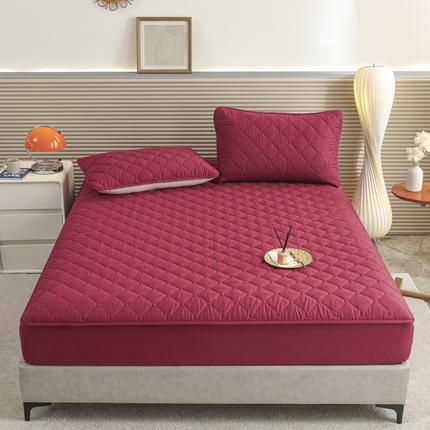 91家纺网 家纺一手货源 找家纺 慕克斯  2025新款原棉大豆抗菌夹棉防水床笠床垫保护罩-四季跑量款 玫红