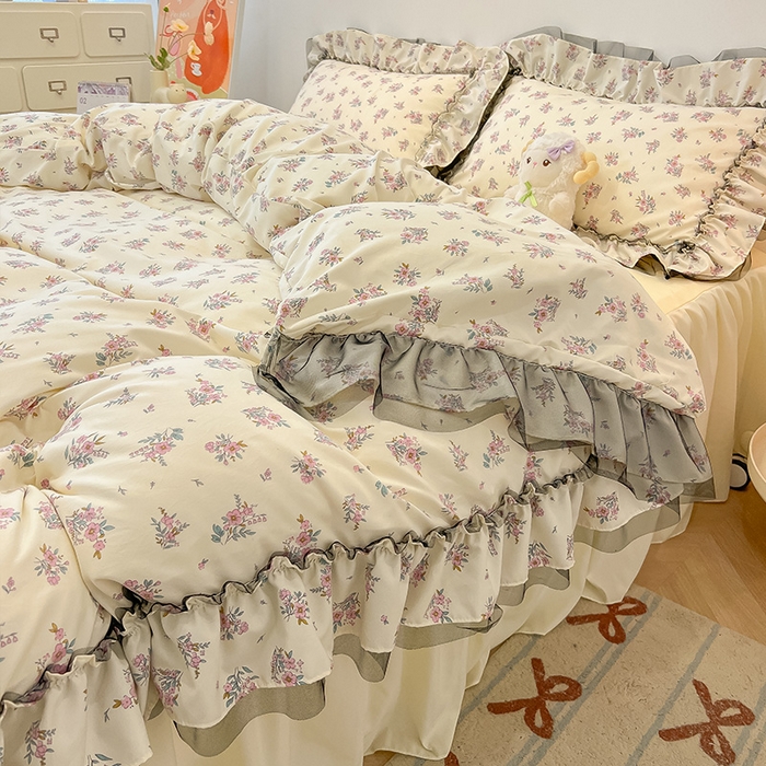 91家纺网 家纺一手货源 找家纺 眠帛家居 2025新款A类皱皱纱蕾丝花边四件套 芬芳