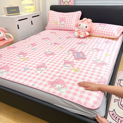 暮思家居 2025新款三丽鸥正版授权数码印花A类可机洗1200D冰丝凉席三件套床笠款系列 床笠款-粉格美乐蒂