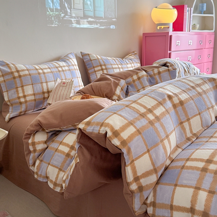 91家纺网 家纺一手货源 找家纺 2025新款全棉有氧双层纱四件套-简约系列 格调-蓝