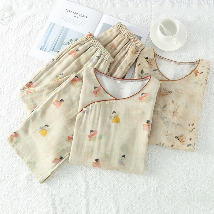 91家纺网 家纺一手货源 找家纺 洛兰沙家居馆【只代发】【只代发】 2025新款国风竹纤维鸟语花香春夏女睡衣大码长袖长裤自带凉感休闲套装 ls1301