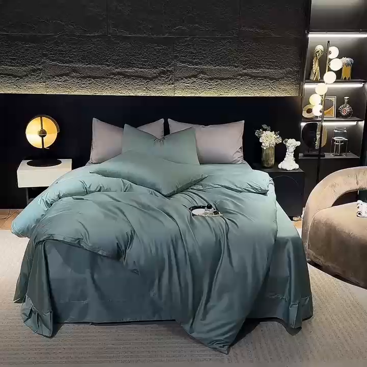 91家纺网 家纺一手货源 找家纺 氧家2025新款60支全棉贡缎纯色四件套 松石绿
