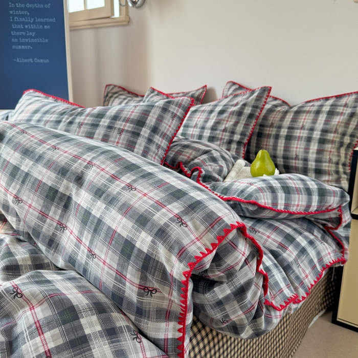 91家纺网 家纺一手货源 找家纺 （总）金丝鸟家纺 2025新款全棉双层纱贝壳边四件套格子系列