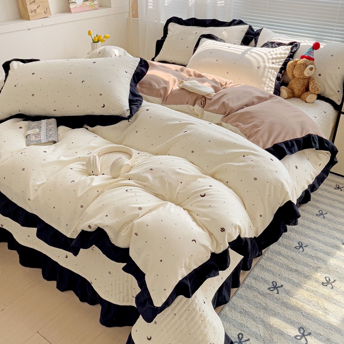 91家纺网 家纺一手货源 找家纺 富米莱（原臻工厂）2025新款A类针织双层纱赫本风床盖四件套 星空物语一咖