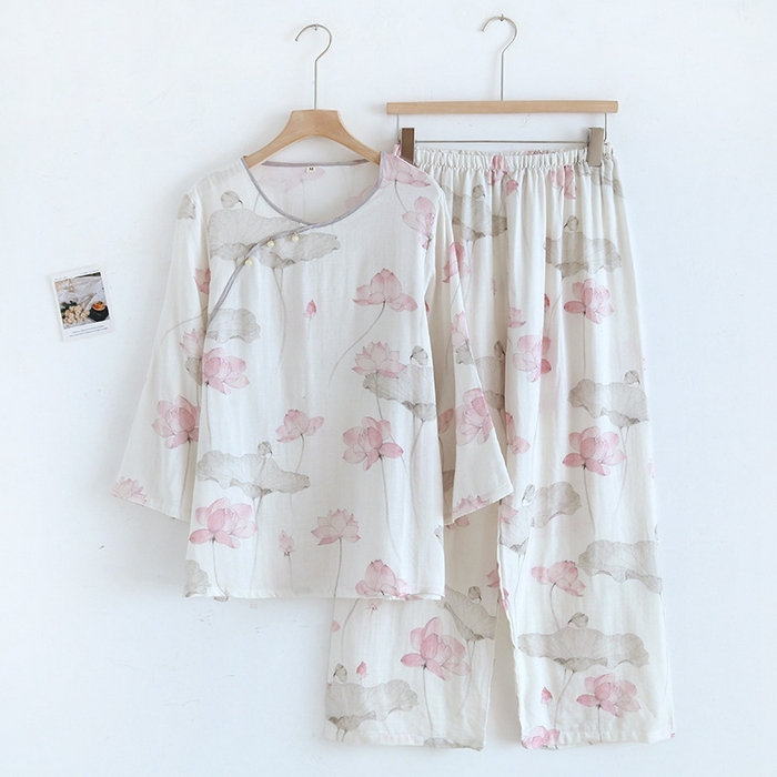 91家纺网 家纺一手货源 找家纺 洛兰沙家居馆【只代发】【只代发】 2025新款国风竹纤维鸟语花香春夏女睡衣大码长袖长裤自带凉感休闲套装 ls1310