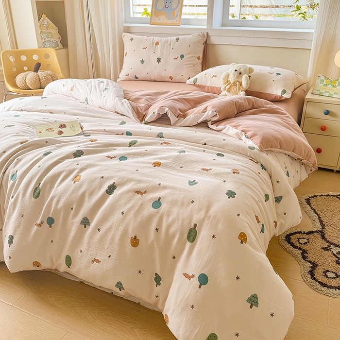 91家纺网 家纺一手货源 找家纺 2025新款40s全棉双层纱圆角吊边款四件套乐童-咖