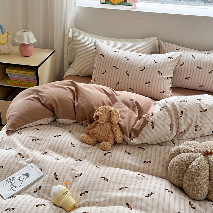 91家纺网 家纺一手货源 找家纺 2025新款全棉有氧双层纱四件套-卡通系列 条纹小狗