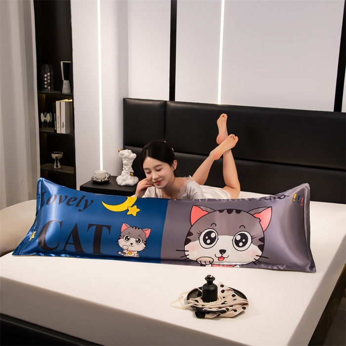 91家纺网 家纺一手货源 找家纺 梦舒羽 2025新款可水洗冰丝双人枕套凉爽情侣枕头套枕芯套 招财小猫