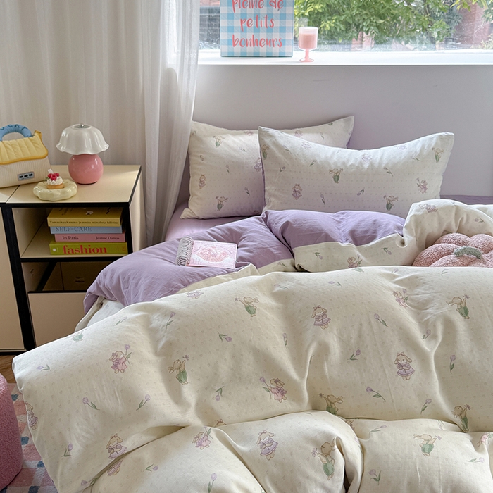 91家纺网 家纺一手货源 找家纺 2025新款全棉有氧双层纱四件套-卡通系列 郁金香甜兔