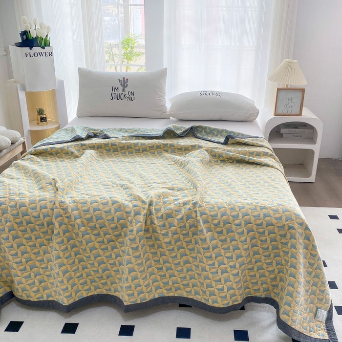 91家纺网 家纺一手货源 找家纺 鸣升家纺 2025新款a类全棉三层纱多功能毛巾被盖毯床单夏被空调被 风车黄