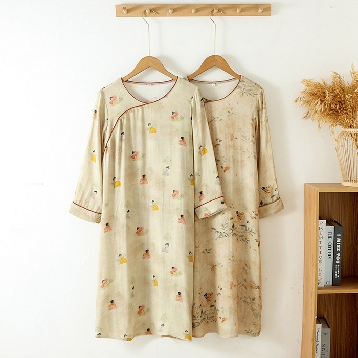 91家纺网 家纺一手货源 找家纺 洛兰沙家居馆【只代发】【只代发】 2025新款国风竹纤维鸟语花香春夏女睡衣大码长袖长裤自带凉感休闲套装 ls1301