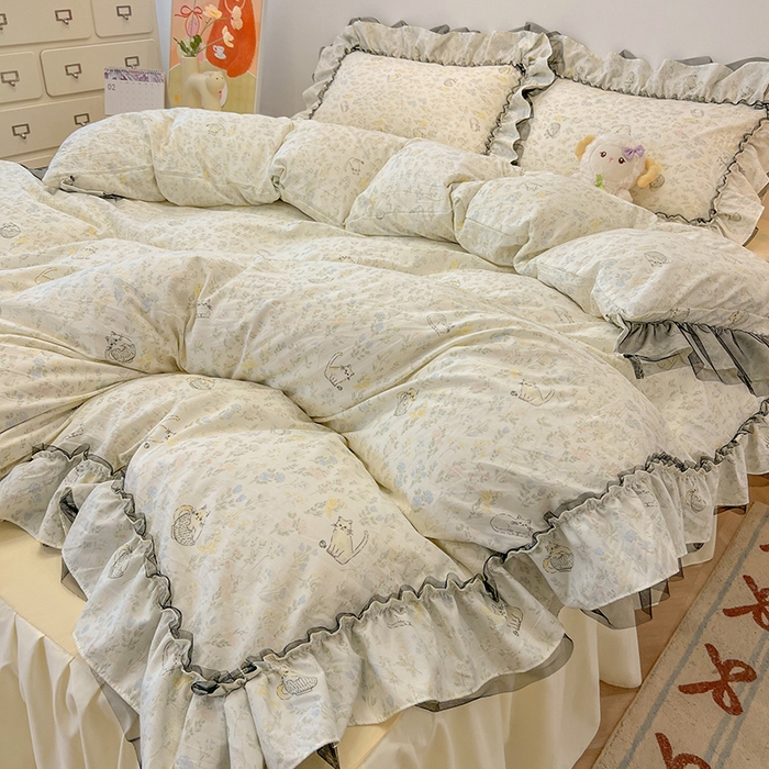 91家纺网 家纺一手货源 找家纺 眠帛家居 2025新款A类皱皱纱蕾丝花边四件套 温馨