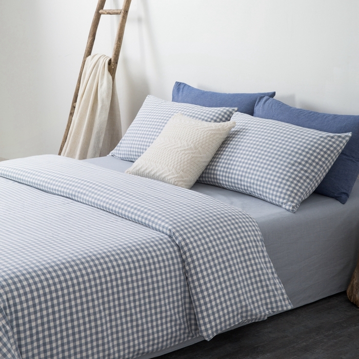 91家纺网 家纺一手货源 找家纺 玖弘家居 2025新款水洗棉单被套 浅蓝小格