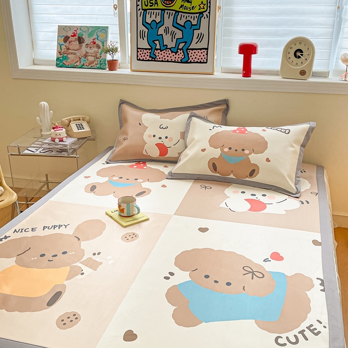 91家纺网 家纺一手货源 找家纺 川悦生活 2025新款大版凉感冰丝席三件套 快乐小萌狗