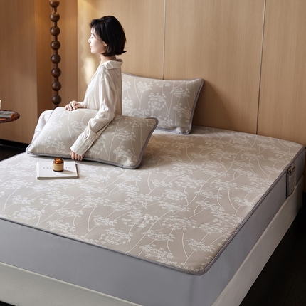 千朵森 2025新款冰岛冰感丝床笠款凉席三件套-风格二 冰岛-浅茶杏