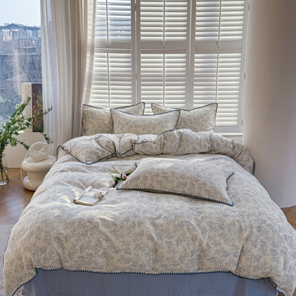 91家纺网 家纺一手货源 找家纺 （总）金丝鸟家纺 2025新款全棉双层纱贝壳边四件套花卉系列