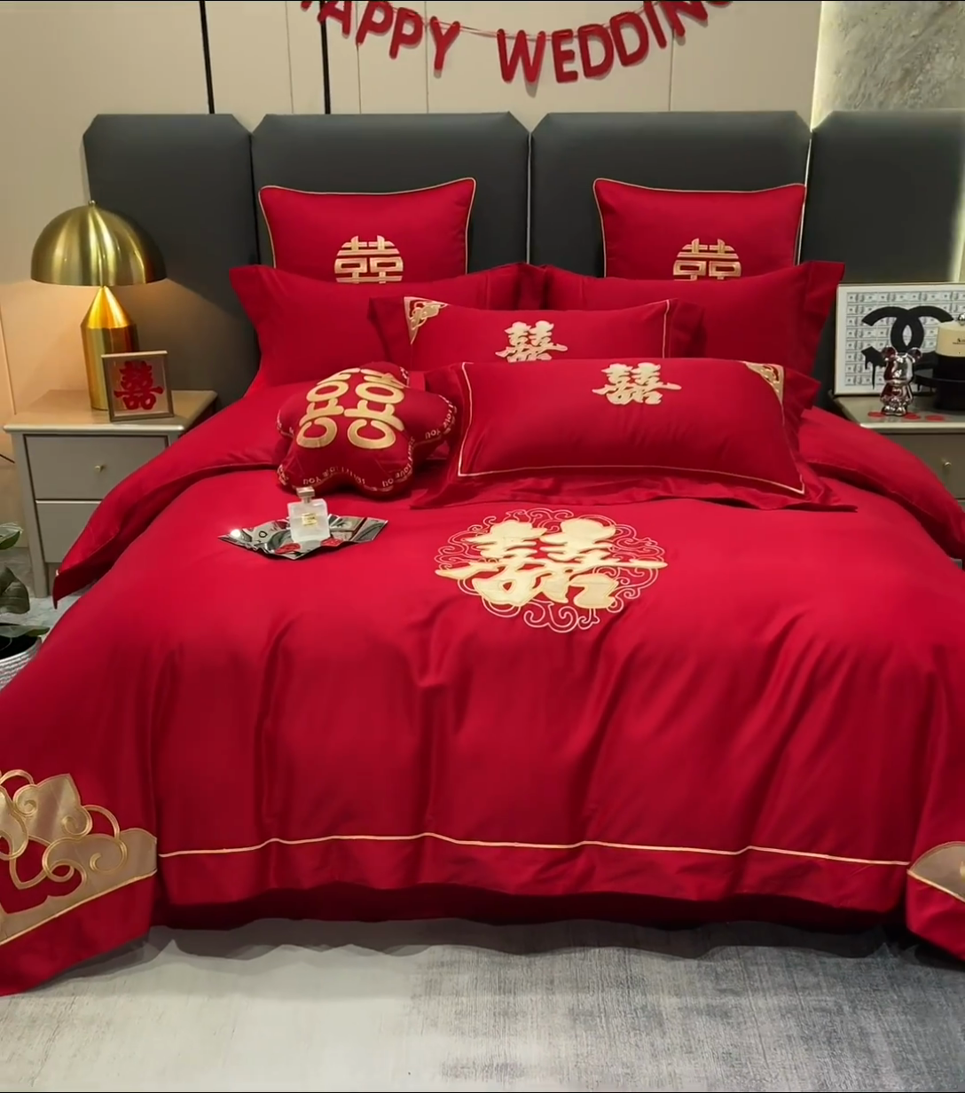 91家纺网 家纺一手货源 找家纺 甜咪咪婚庆 2025新款纯棉全棉面料刺绣结婚 婚庆 四件套 多件套  小红书推荐热款 大喜之日