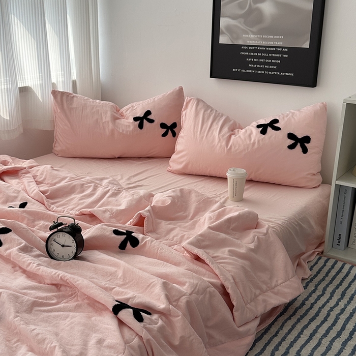 91家纺网 家纺一手货源 找家纺 （总）优色良品家纺 2025新款水洗棉毛巾绣蝴蝶结夏被四件套