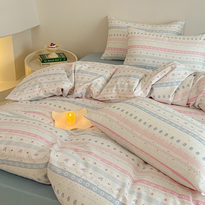 91家纺网 家纺一手货源 找家纺 塞纳 2026新款.全棉有氧双层纱四件套-场景二-觅可-粉