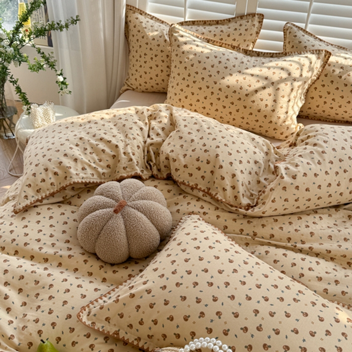 91家纺网 家纺一手货源 找家纺 金丝鸟家纺 2025新款全棉双层纱贝壳边四件套花卉系列 蘑菇园