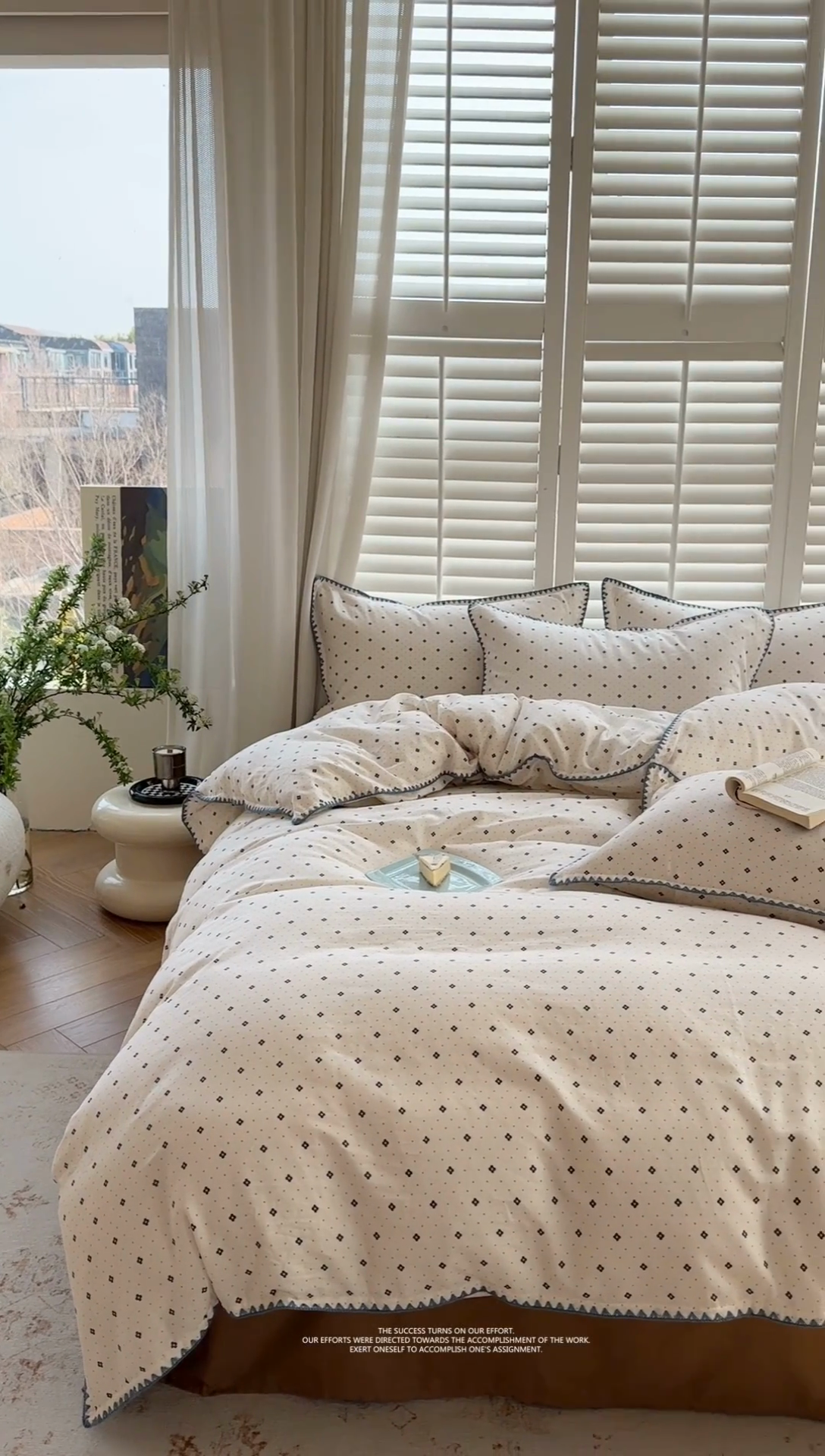 91家纺网 家纺一手货源 找家纺 金丝鸟家纺 2025新款全棉双层纱贝壳边四件套花卉系列 四叶纹