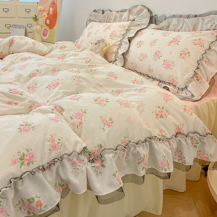 91家纺网 家纺一手货源 找家纺 眠帛家居 2025新款A类皱皱纱蕾丝花边四件套 香溢