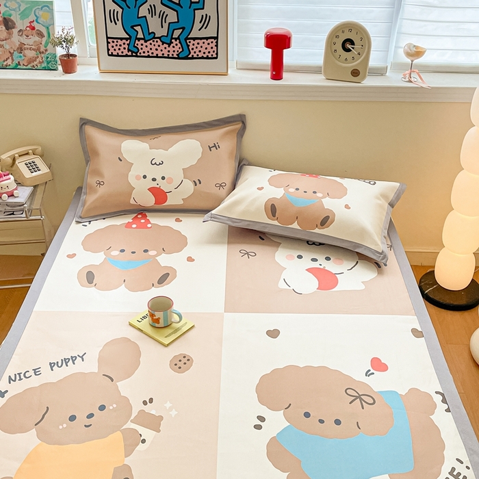 91家纺网 家纺一手货源 找家纺 川悦生活 2025新款大版凉感冰丝席三件套 快乐小萌狗