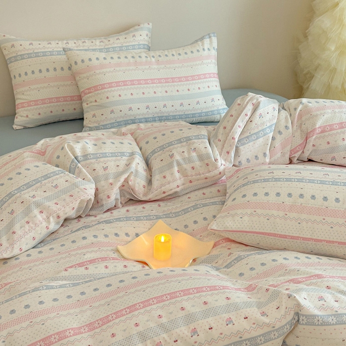 91家纺网 家纺一手货源 找家纺 塞纳 2026新款.全棉有氧双层纱四件套-场景二-觅可-粉