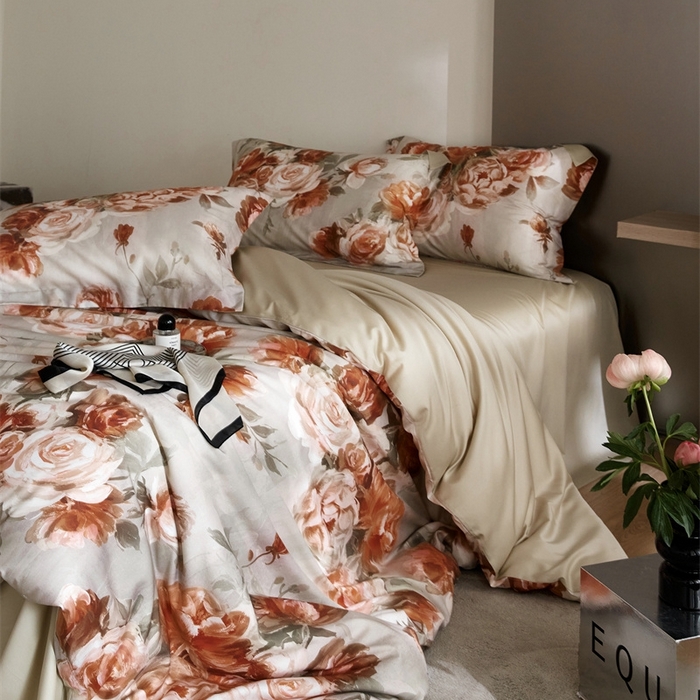 91家纺网 家纺一手货源 找家纺 金奇达2025新款【艺术花卉】-茧养莱赛尔四件套（标准号全网控价（折后券后）不低于228元） 妮缇-咖